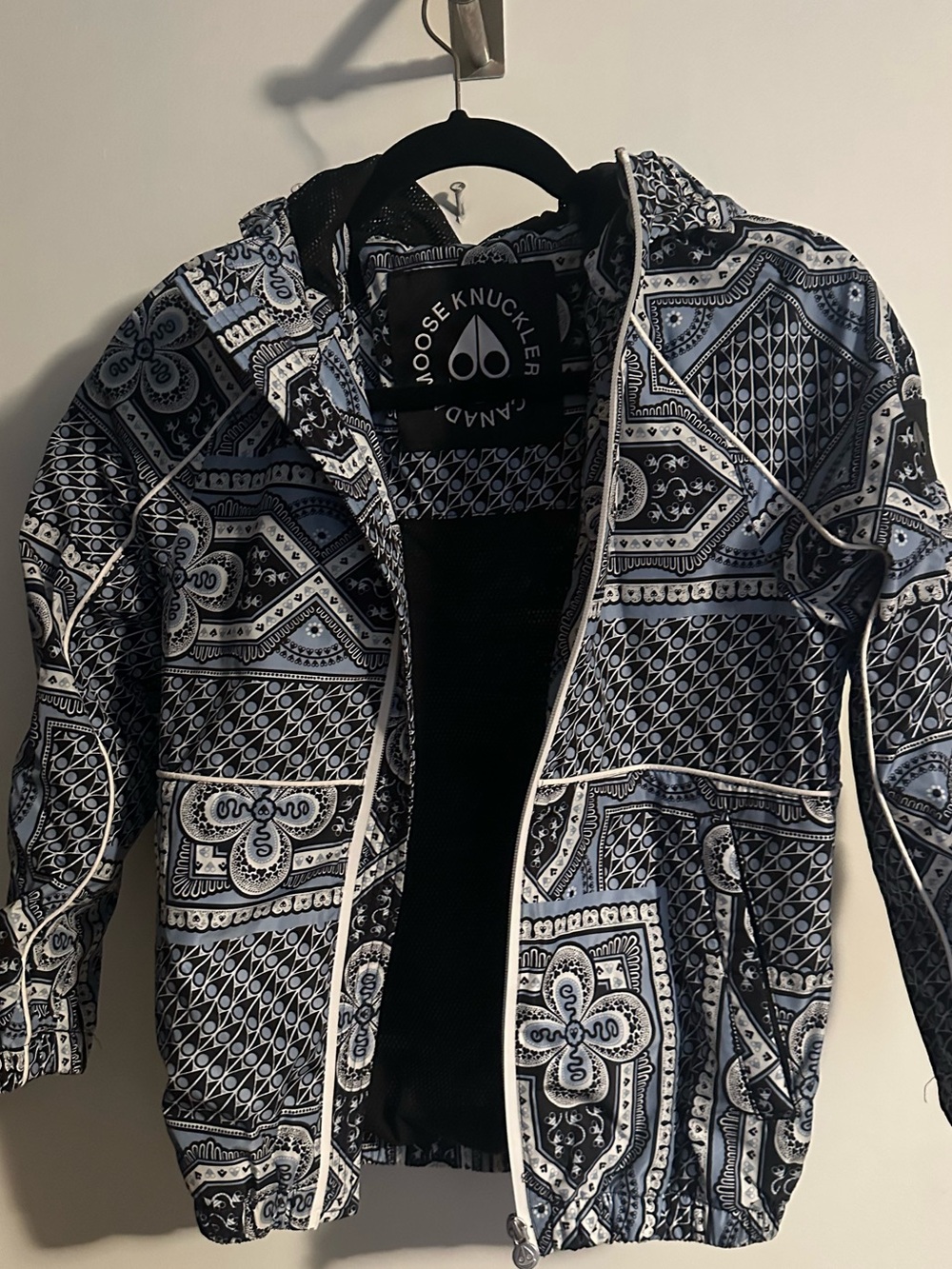Moose Knuckles Quilted Jacket - Black & Light Blue Bandana Print
